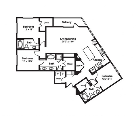 Floor plan for 3 beds, 3 baths, 1675 sqft